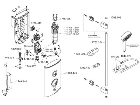 Mira Sport Manual Single Outlet Electric Shower - 9.0kW (1.1746.821) spares breakdown diagram