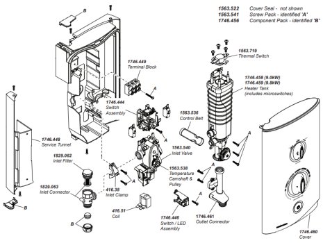 Mira Sport Thermostatic Single Outlet Electric Shower - 9.0kW (1.1746.831) spares breakdown diagram