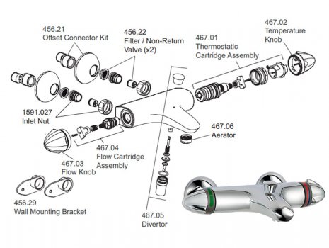 Mira Verve wall mounted bath/shower mixer - valve only - chrome (2.1591.006) spares breakdown diagram