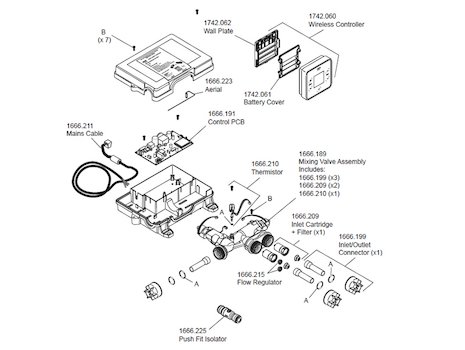 Mira Vier digital shower ceiling fed - High pressure spares breakdown diagram