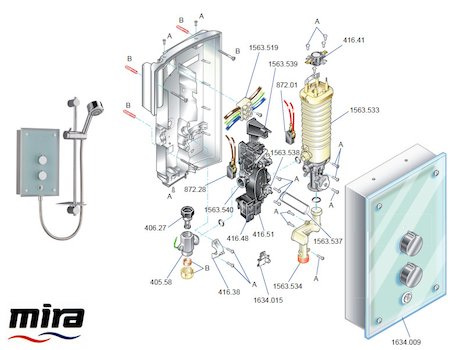 Mira Azora Thermostatic Electric Shower 9.8kW - Frosted Glass (1.1634.011) spares breakdown diagram
