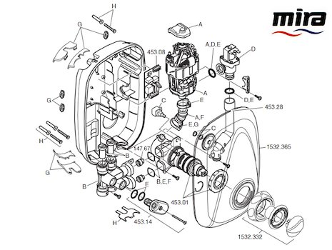 Mira Vigour Thermostatic Power Shower (1.1532.353) spares breakdown diagram