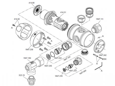 Rada 320 IC thermostatic mixing valve (1.1847.013) spares breakdown diagram