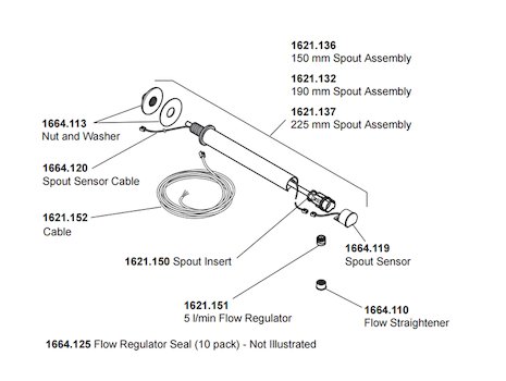 Rada Outlook panel mounted IR spout - 150mm (1.1621.136) spares breakdown diagram