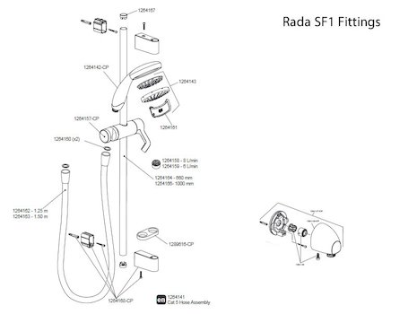Rada SF1-10 BIV commercial fittings kit 660mm (72960-cp) spares breakdown diagram