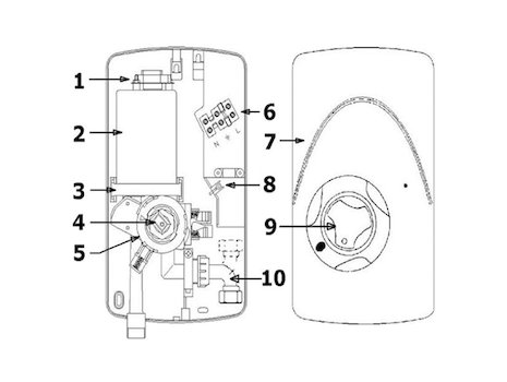 Redring California 8.5kW electric shower (53551040) spares breakdown diagram