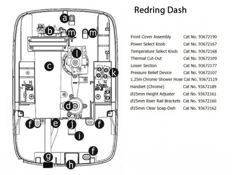 Redring Dash electric shower spares breakdown diagram
