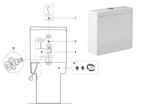 Roca Hall Dual flush 4.5/3L Cistern - Bottom Inlet For WC (A341620000) spares breakdown diagram