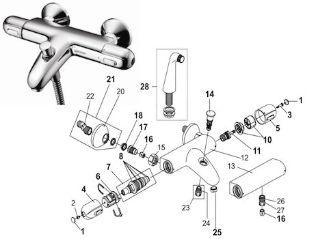 Trevi Link bath shower mixer (A3542AA) spares breakdown diagram