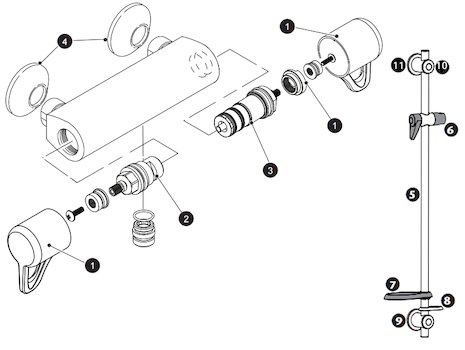 Triton Elina TMV3 Inclusive bar mixer shower and Grab riser rail (ELITHBMINC3) spares breakdown diagram