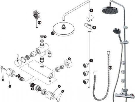 Triton Nene bar shower mixer with diverter (UNNETHBMDIV) spares breakdown diagram