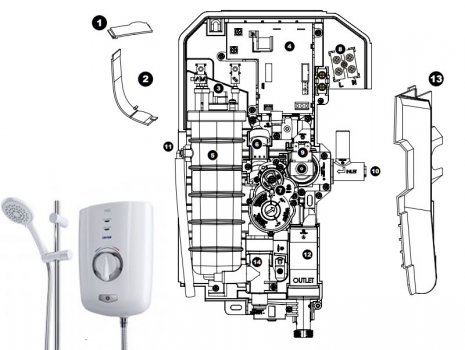 Triton T150+ thermostatic electric shower spares breakdown diagram