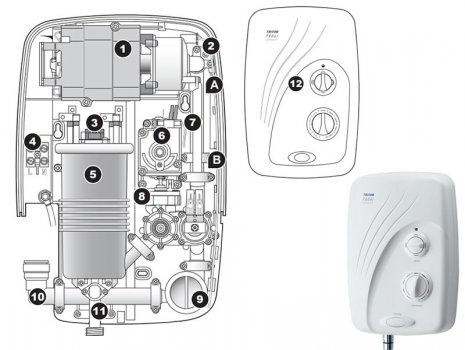 Triton T80si Pumped electric shower - 9.5kW (SP8P09SI) spares breakdown diagram