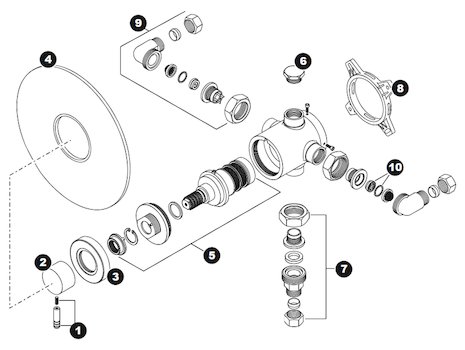 Triton Thames sequential single lever built in thermostatic mixer valve (UNTHTHBTSM) spares breakdown diagram