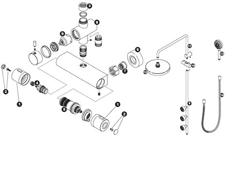 Triton Valona thermostatic bar valve spares breakdown diagram