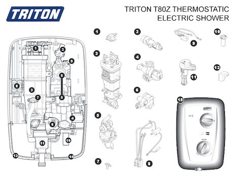 Triton T80Z Thermostatic - Chrome (T80Z) spares breakdown diagram